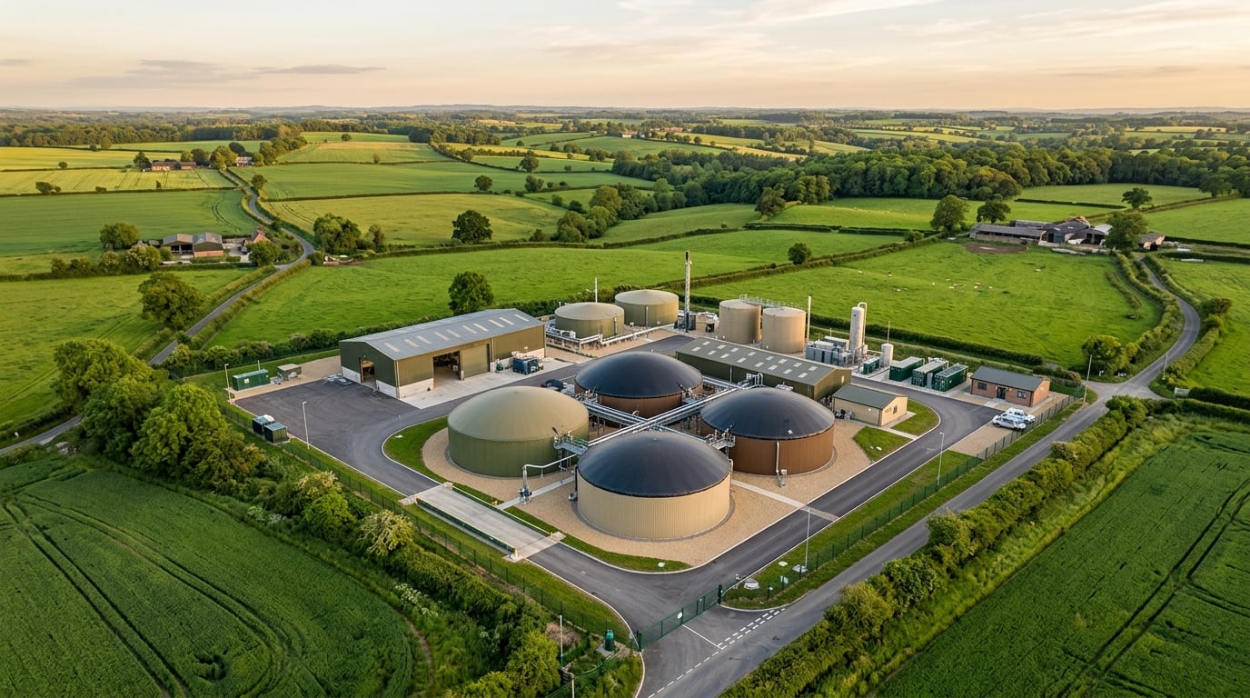 Industrial pipework and gas upgrading equipment at a bioenergy facility