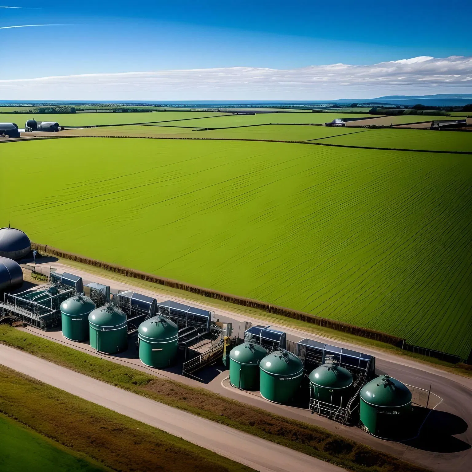 Aerial view of a modern anaerobic digestion facility integrated with surrounding agricultural land.