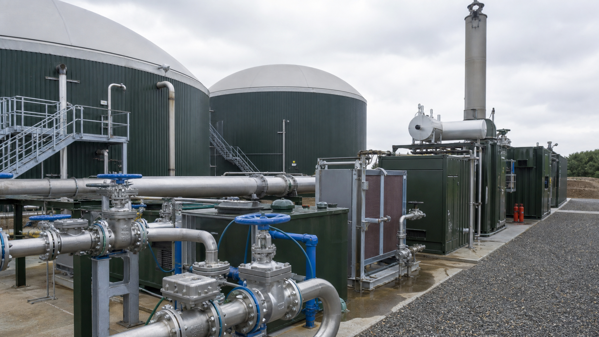 Anaerobic digestion digester tanks, pipework and CHP equipment at an operational biogas plant.