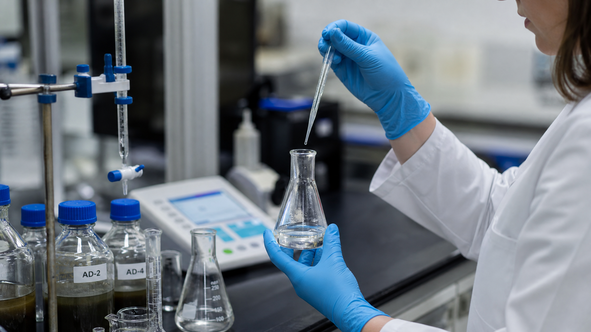 Laboratory technician performing titration and chemistry testing on AD digester samples for stability monitoring.