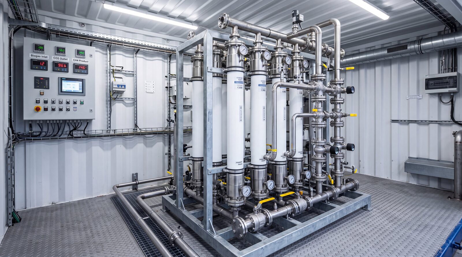 Biomethane upgrading membrane skid inside a plant room