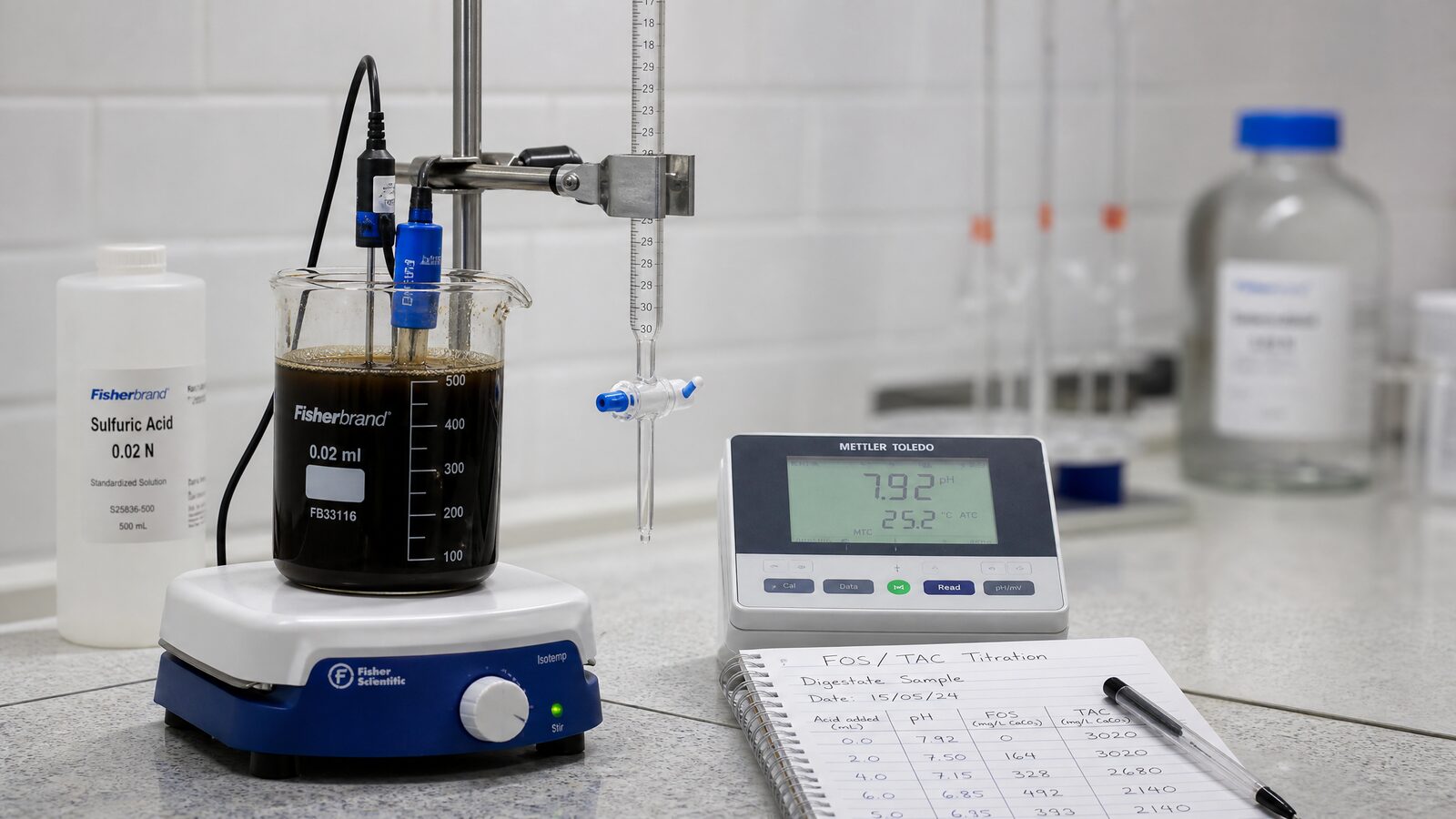 FOS/TAC titration laboratory analysis of a digestate sample
