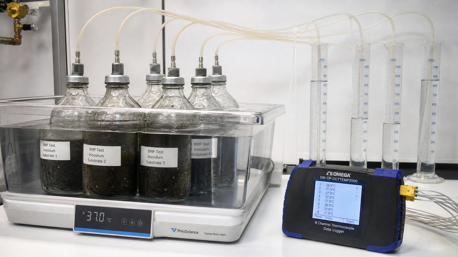 Laboratory biochemical methane potential (BMP) testing setup