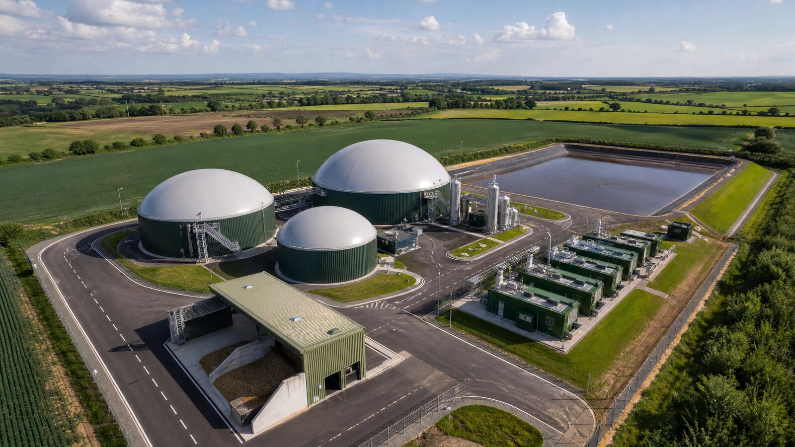 Aerial view of a modern anaerobic digestion plant