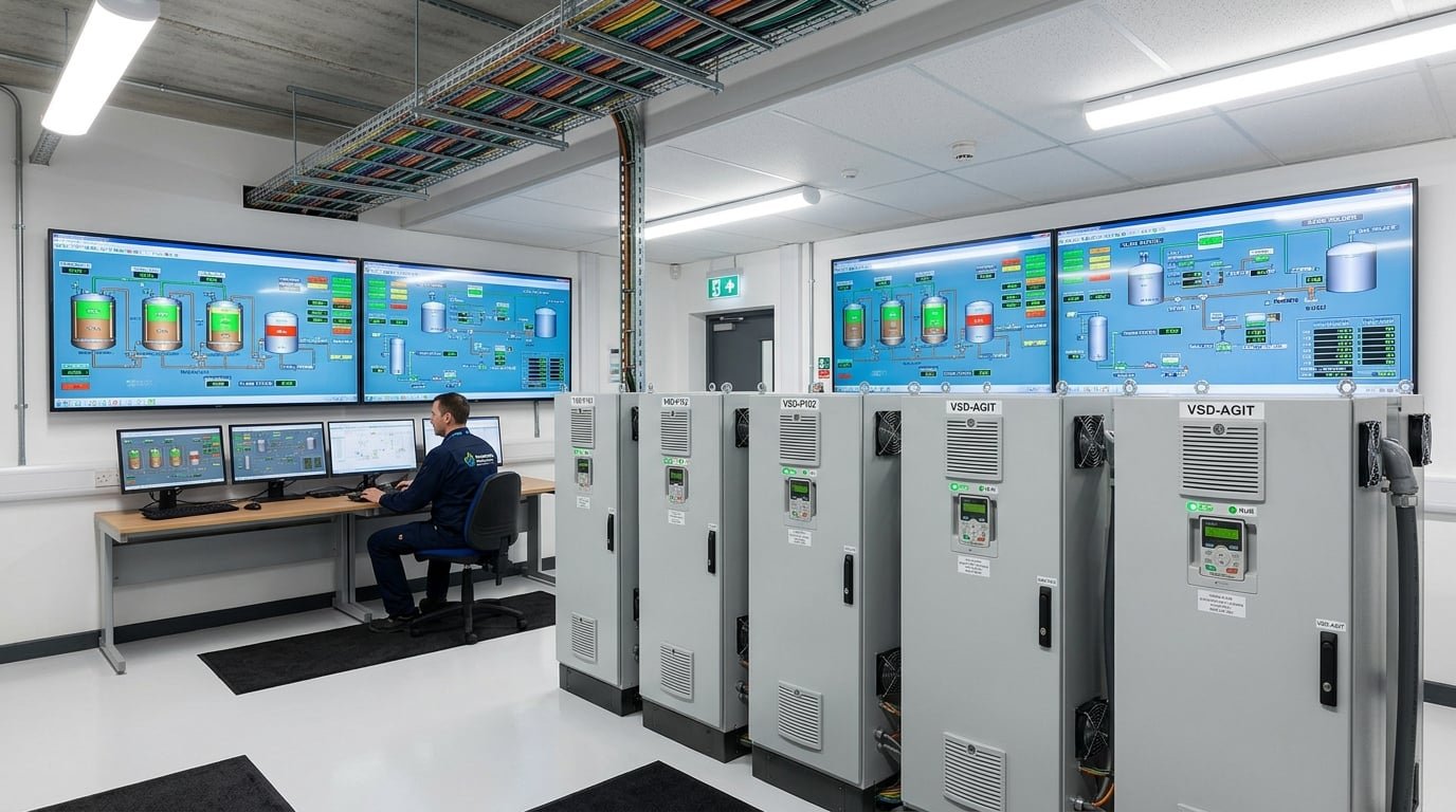 AD plant control room showing SCADA displays and variable speed drive panels