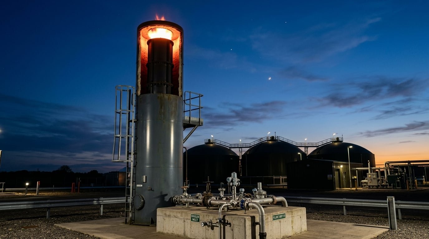 Enclosed ground flare on an anaerobic digestion site with internal combustion visible