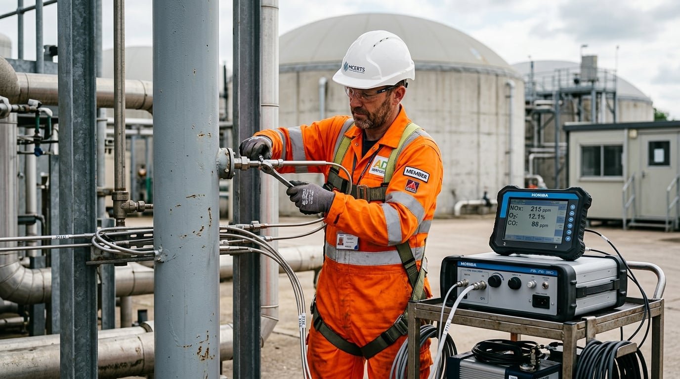 MCERTS-certified technician performing stack emissions monitoring on a biogas CHP exhaust flue