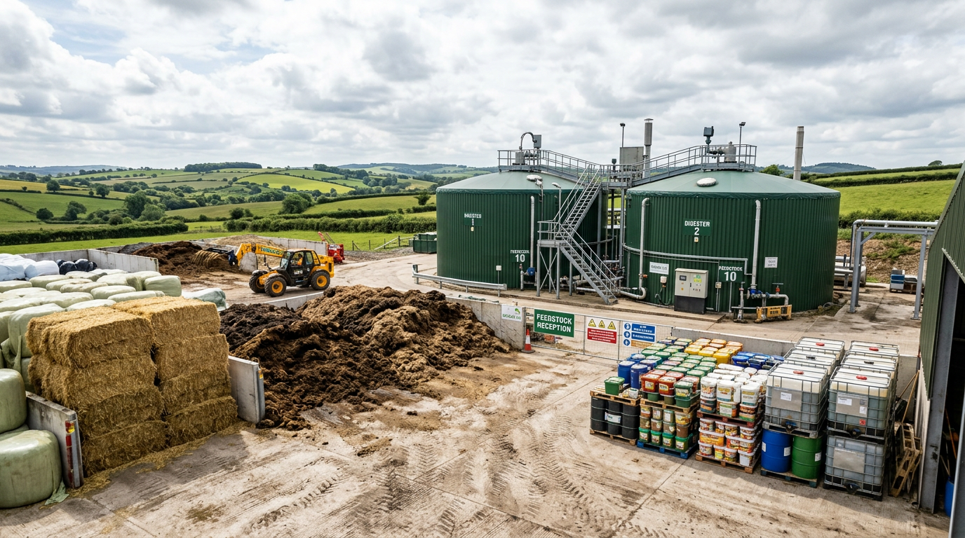 A diverse feedstock portfolio of maize silage, farmyard manure and food waste on a concrete apron at a farm-based anaerobic digestion plant