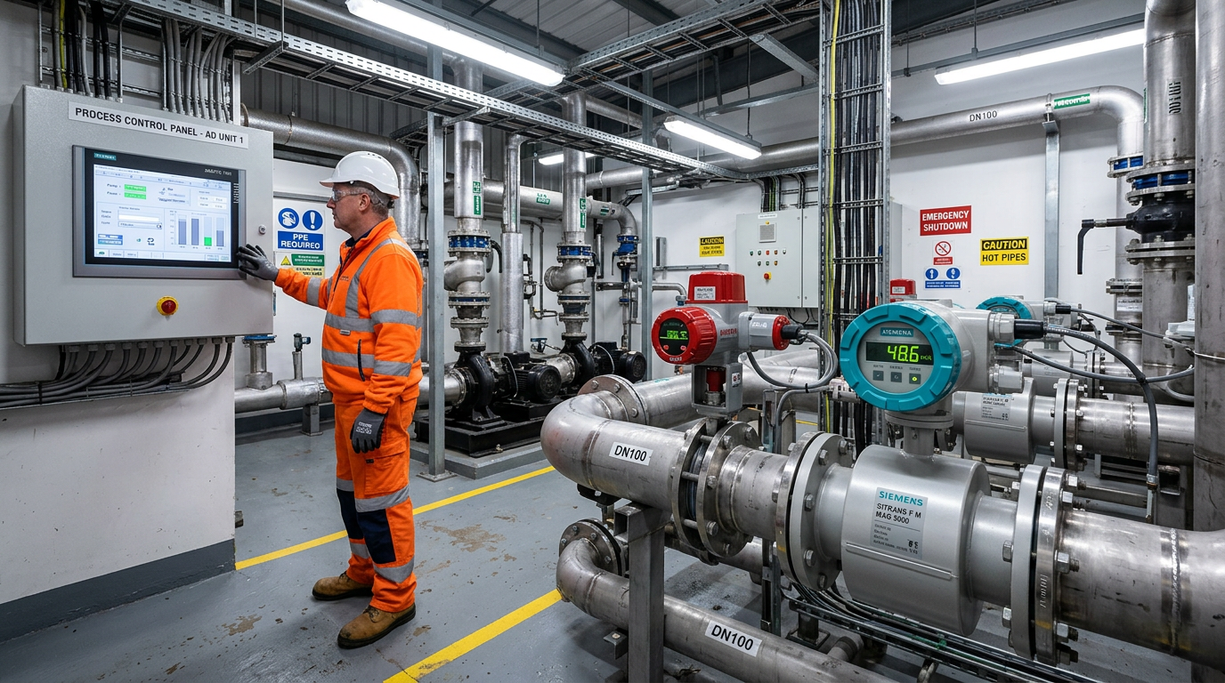 Pump house interior with electromagnetic flow meters, motorised valves and an operator checking the local HMI panel