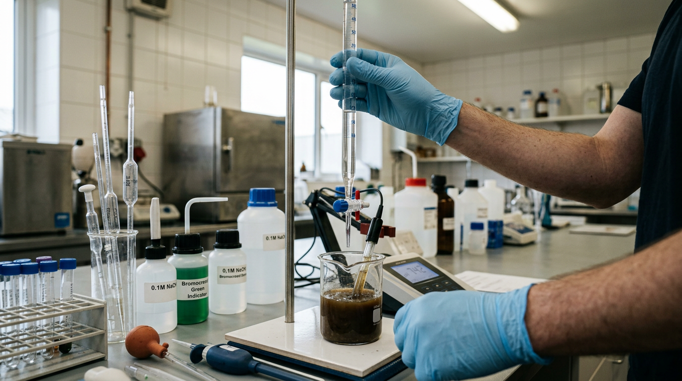 On-site FOS/TAC titration test on a digestate sample with pH meter and burette