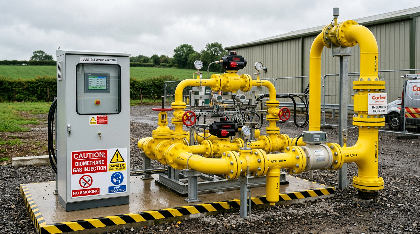 Yellow above-ground installation at a biomethane grid injection compound with gas chromatograph analyser and National Grid marker