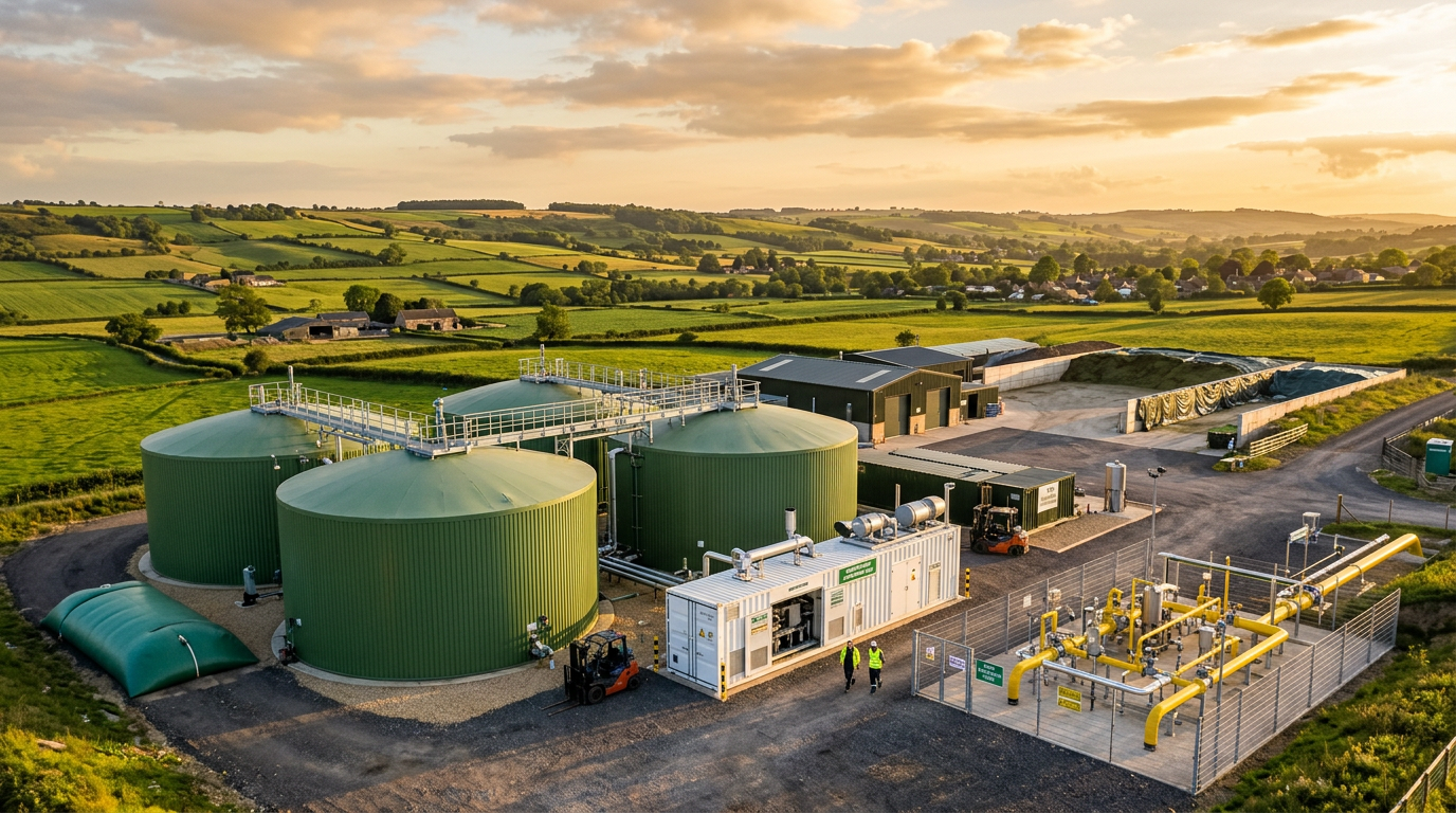 Modern UK biomethane-to-grid anaerobic digestion facility with digesters, containerised upgrading unit and grid injection compound at golden hour