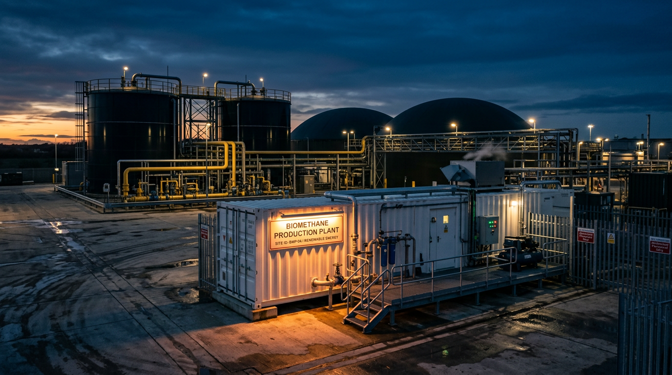 A containerised gas upgrading unit at dusk, its illuminated site panel casting light across the yard as biomethane storage tanks stand in the background
