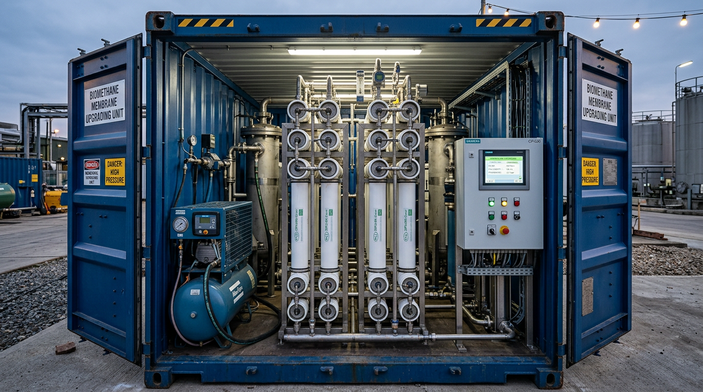 Containerised biomethane membrane upgrading unit with doors open showing membrane modules, compressor skid and instrument panel