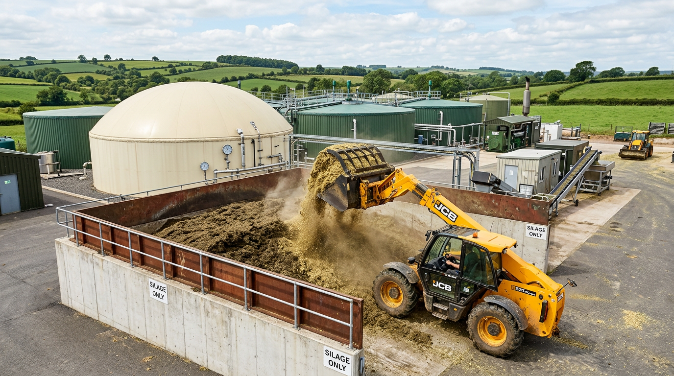 Front-end loader tipping maize silage into an AD reception bunker with a biogas flow totaliser and digester tanks in the background
