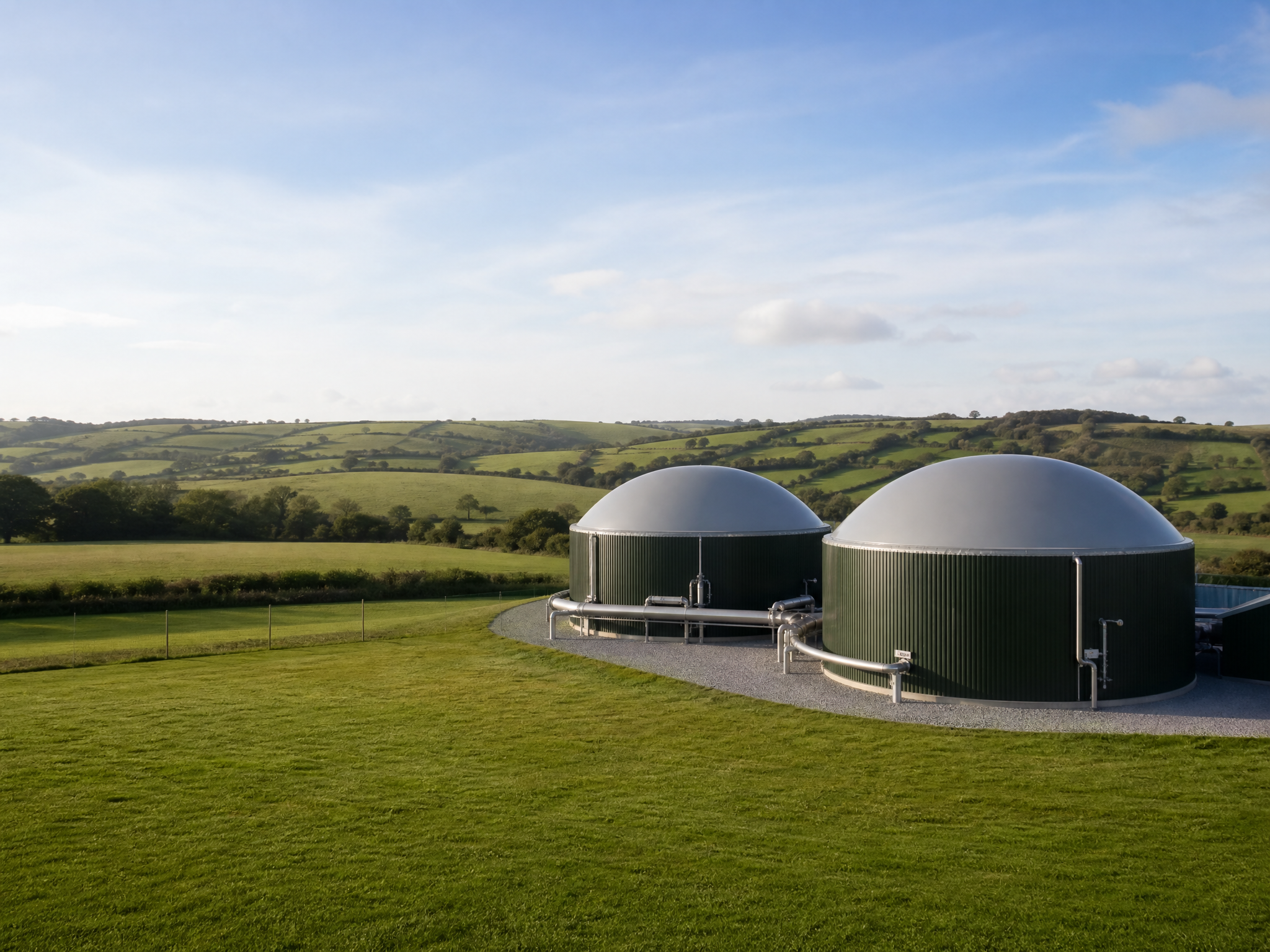 Large anaerobic digester tanks at a biogas facility