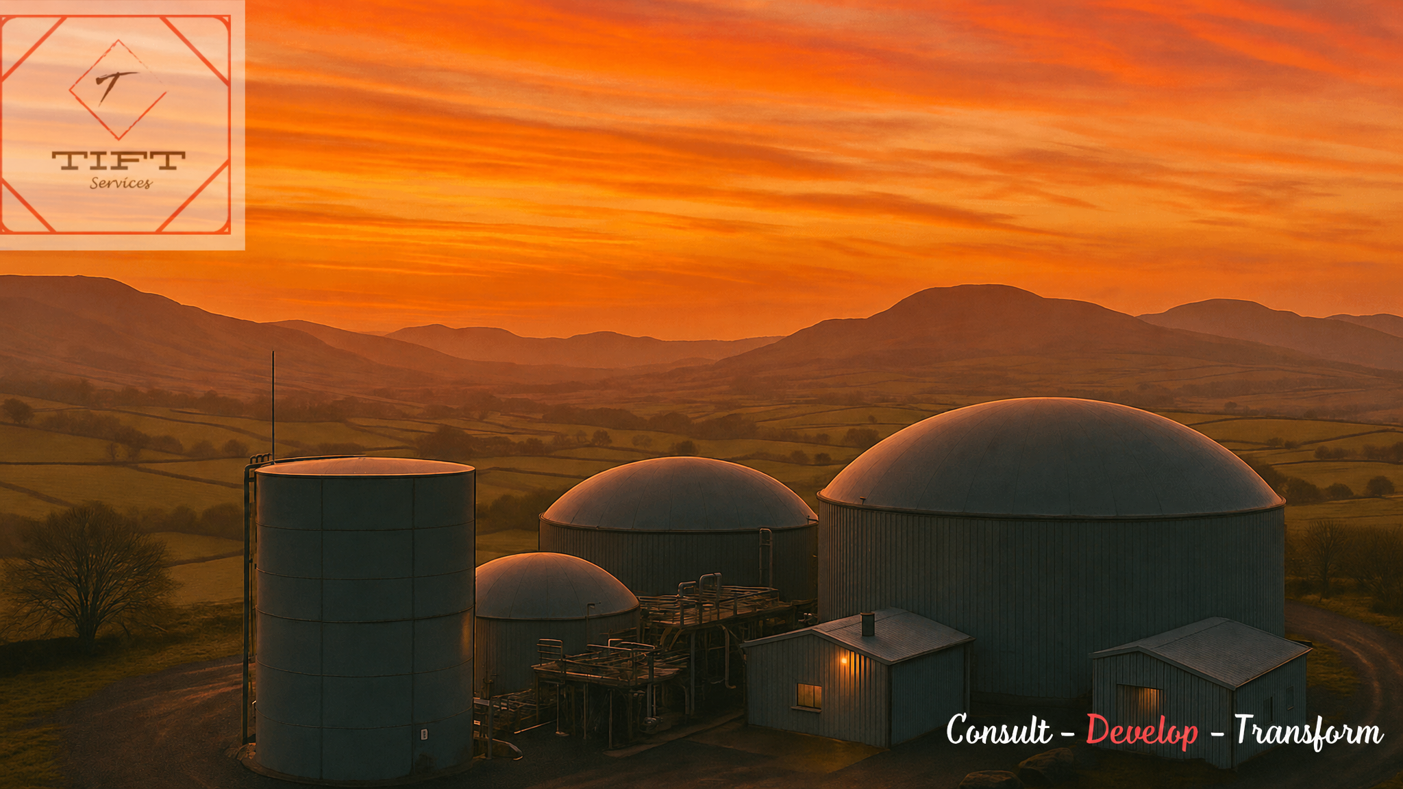 TIFT Services biogas plant in rolling countryside at sunset